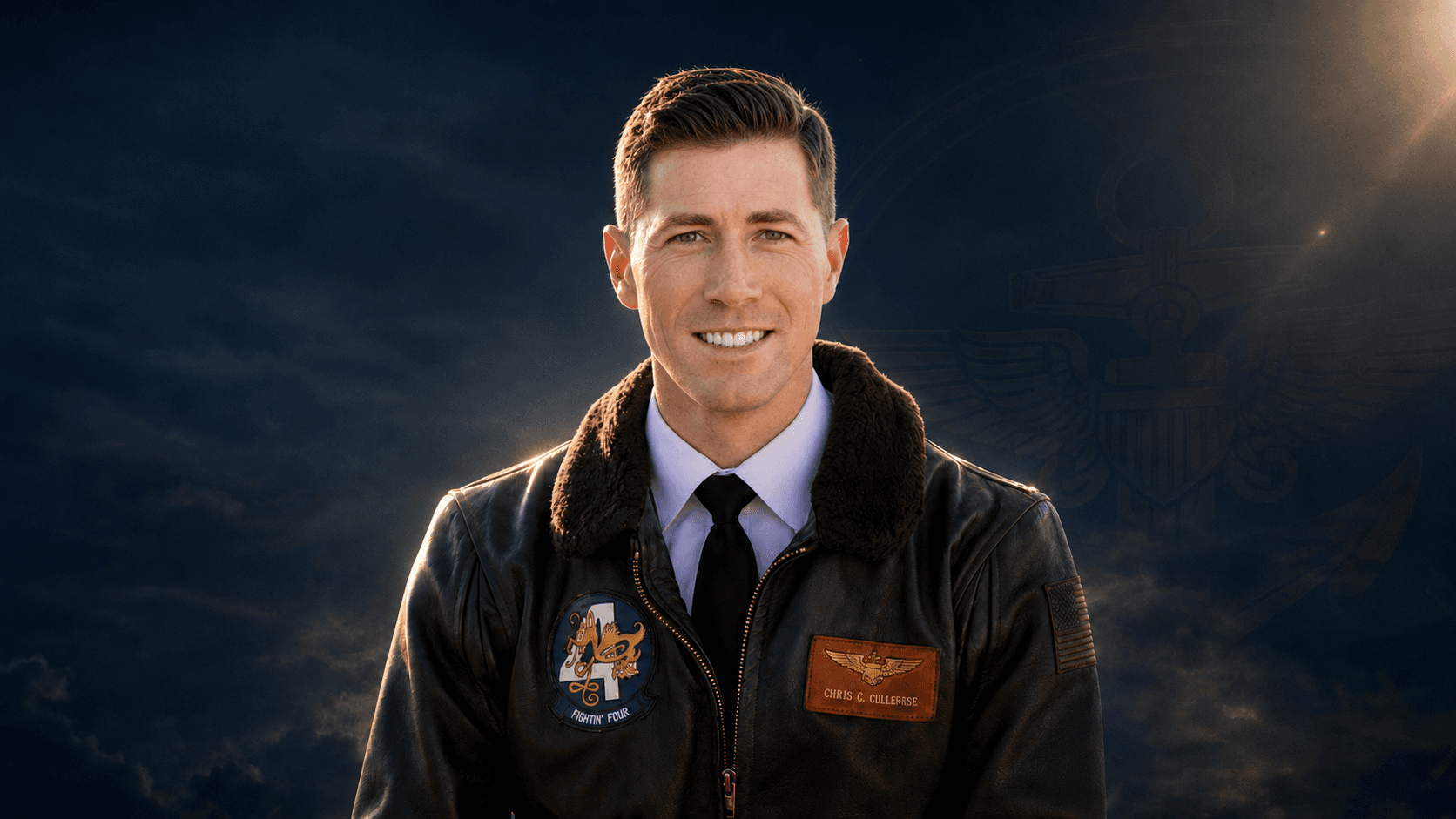 Curtis Calabrese in a Navy pilot leather jacket
